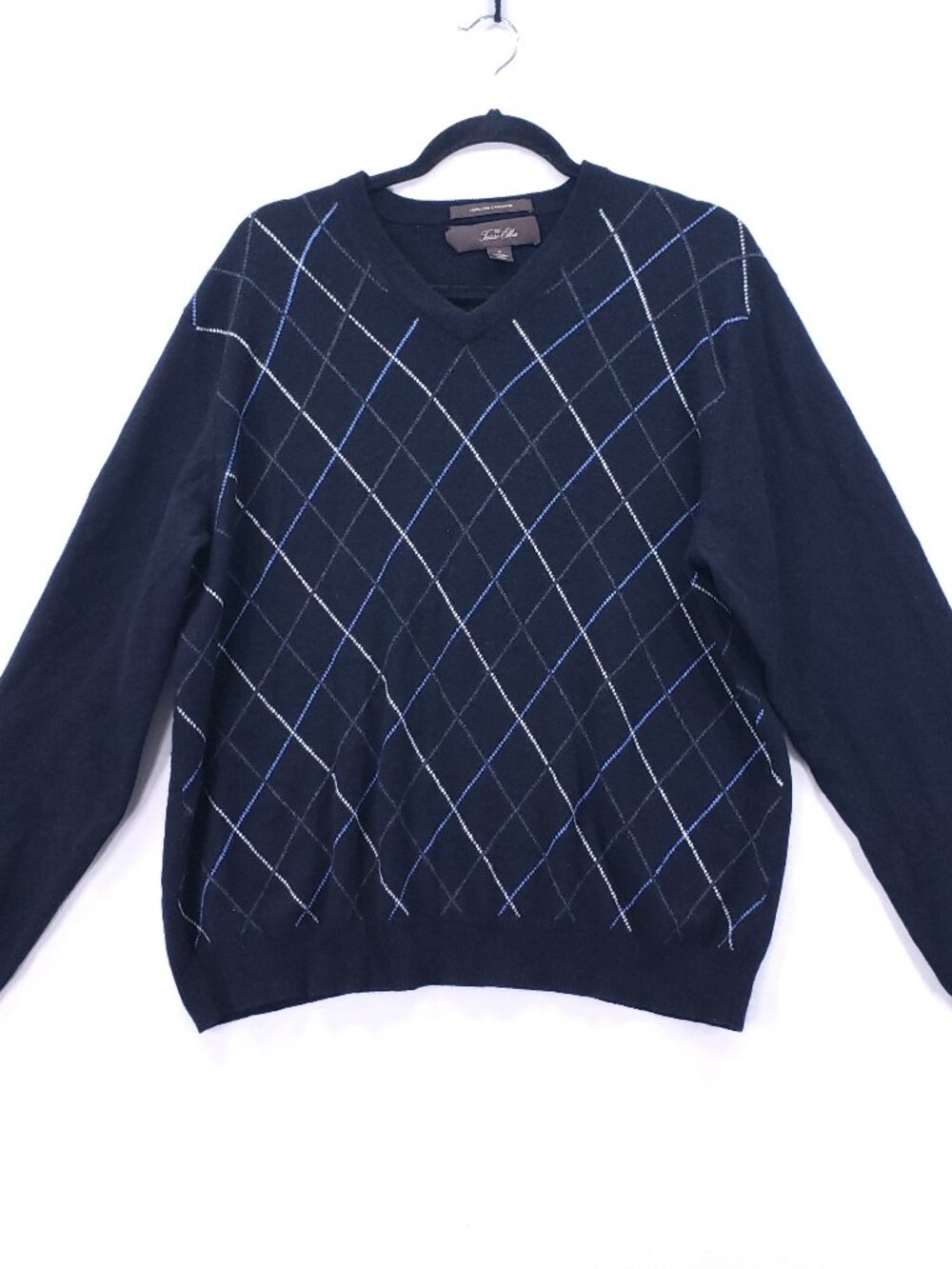 Tasso Elba Sweater Size M 100% Fine Cashmere Black Argyle V-Neck Pullover Knit